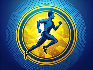 Yellow and blue circular emblem featuring a stylized runner silhouette in motion, surrounded by bold typography and