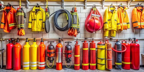 Yellow and red fire extinguishers, smoke detectors, and reflective safety vests hang on a wall, surrounded by nozzles,