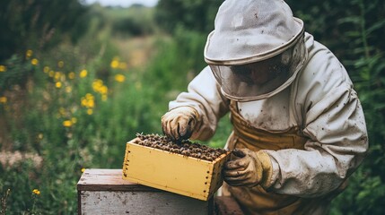 collecting a swarm of bees safely, a beekeeper in protective gear demonstrates the art and precision of beekeeping, with a focus on honey harvest and environmental stewardship
