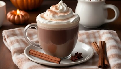 Delicious hot chocolate topped with whipped cream and cinnamon sticks in a cozy autumn setting