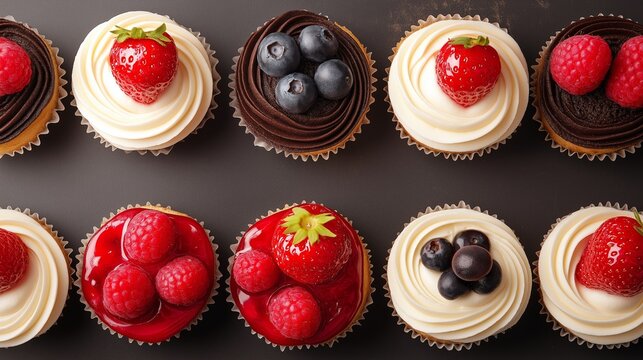 An assortment of decorated cupcakes featuring strawberries, blueberries, and raspberries arranged on a dark background