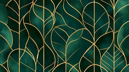 Lush Metallic Golden Leaf Pattern on Emerald Green Background
