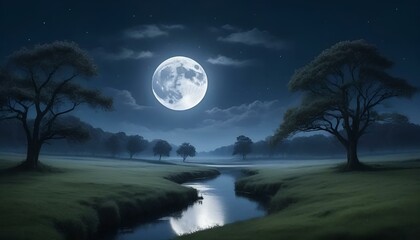 Naklejka premium Serene night landscape with a full moon, calm river, and silhouetted trees under a starlit sky