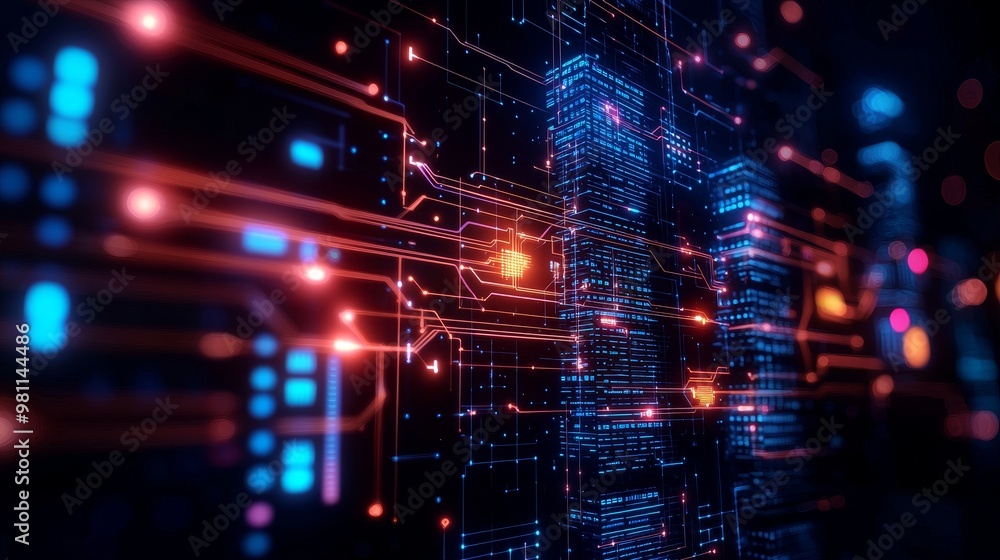Poster abstract representation of technology with glowing circuits and digital patterns, symbolizing innova