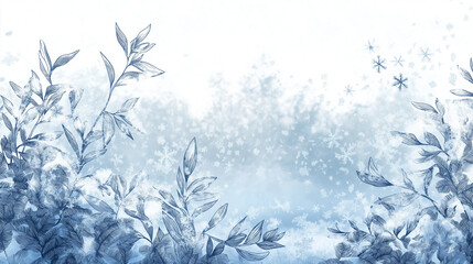 Winter floral pattern with snowflakes, cool atmosphere, blue and white color palette, copy space