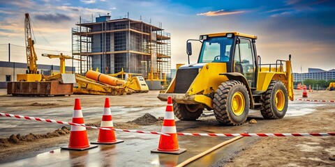Yellow heavy-duty construction machinery is parked beside a safety cone and caution tape on a sprawling outdoor
