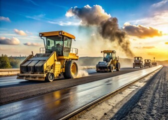 Yellow heavy machinery operates on a dusty highway, laying down a new layer of asphalt as part of