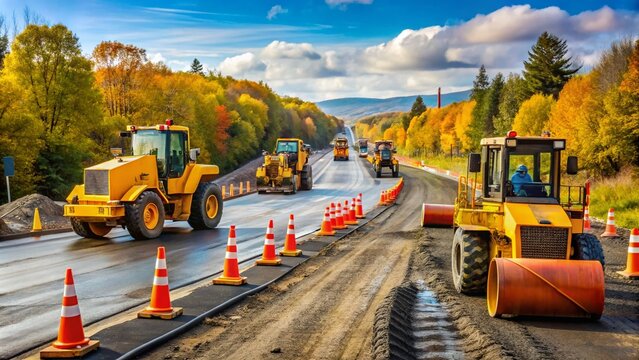 Yellow heavy machinery and trucks move earth and lay asphalt on a closed Academy Road amidst orange cones