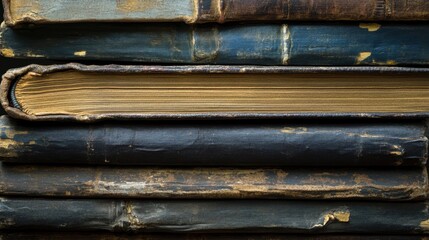 Naklejka premium A textured stack of old books placed together, focusing on the intricate details of their covers and worn edges