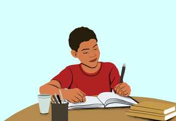 Young student focused on writing notes in a notebook at a wooden desk with a cup of coffee and stationery holder nearby.