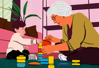 An illustration of a grandmother and grandchild playing with stacking toys in a cozy room.