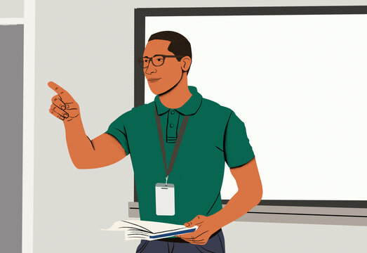 Confident male teacher with glasses pointing and holding a book in front of a whiteboard in a classroom setting.