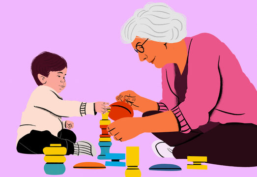 Elderly woman plays with a young child, stacking colorful blocks together on a purple background.