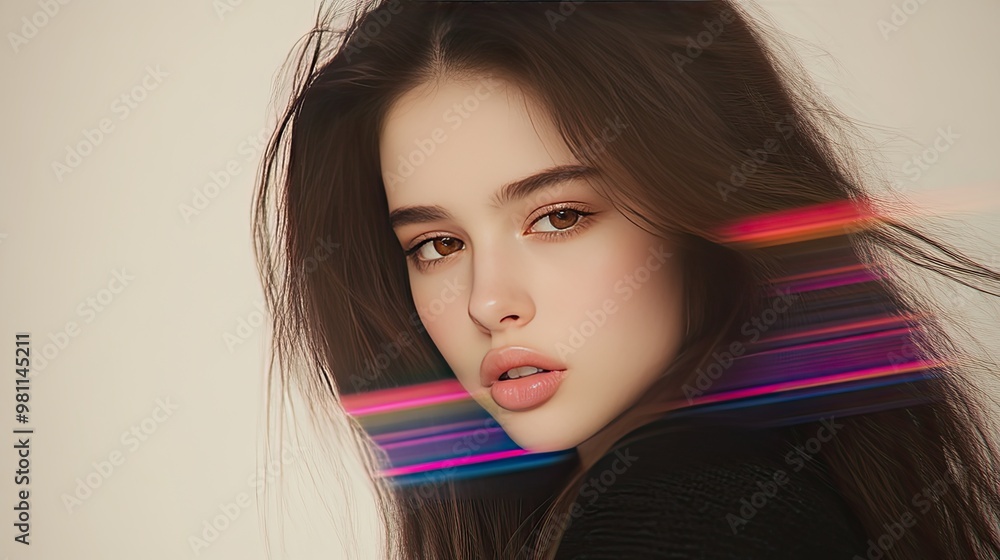 Poster a woman's face is partially obscured by colorful glitch lines, creating a captivating blend of digit