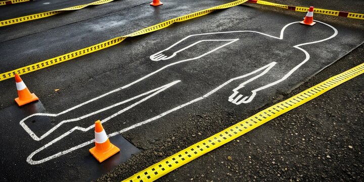 Yellow police tape surrounds a white outline of a body on a dark asphalt street, with forensic markers