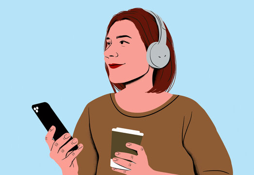 A woman enjoys music on her headphones while holding a smartphone and a coffee cup against a light blue background.