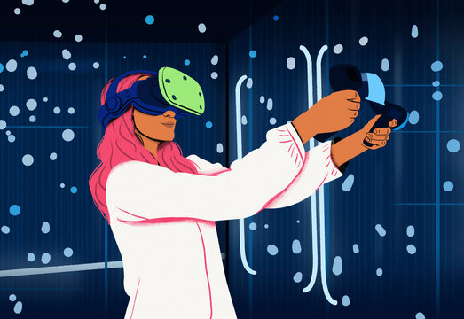 An animated character wearing virtual reality headset immersed in a digital environment.