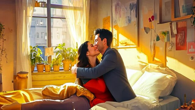 A young couple, likely in their 20s, cuddles affectionately on a bed in a sunlit bedroom. Morning light streams through the window, illuminating cherished plants and artistic decor around them. The