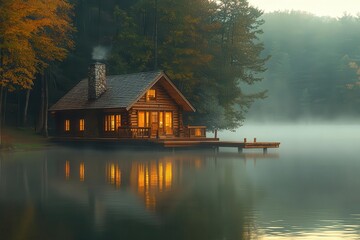 Fototapeta premium idyllic lakeside retreat rustic log cabin nestled among pines private dock extends into mirrorlike water mist rises in golden morning light