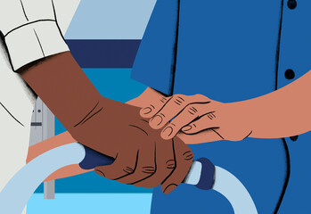 Close-up of a medical professional's hand holding a patient's hand over a hospital bed, offering comfort and support.