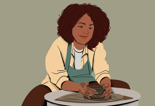 Smiling woman shapes clay on a pottery wheel, radiating creativity and craftsmanship.