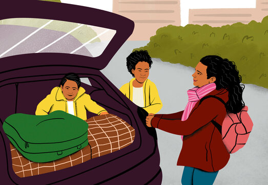 A woman and two teenagers with luggage at the open trunk of a car, seemingly ready for a road trip.