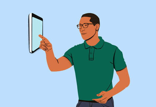 A stylized illustration of an adult male using a large touchscreen interface with a focused expression.
