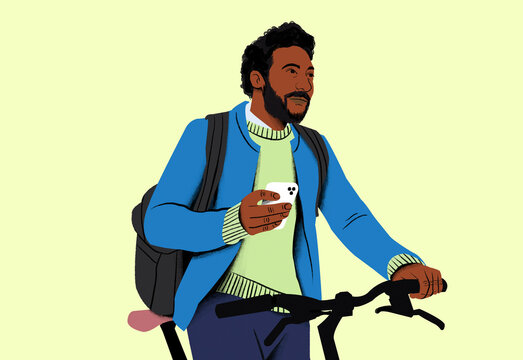 Animated man with a backpack checking his smartphone while leaning on a bicycle.