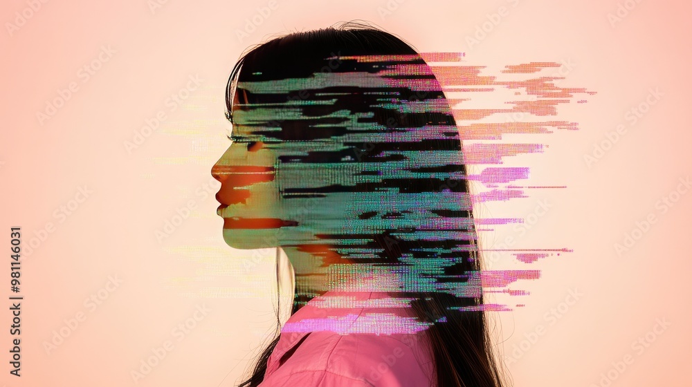 Poster a woman's face is partially obscured by colorful glitch lines, creating a captivating blend of digit