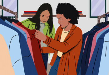 Two friends shopping for clothes in a boutique, examining a red jacket on a rack.