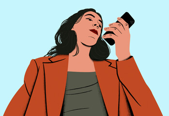 Woman in an orange blazer looking at her smartphone with an expression of focused attention.