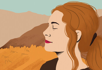 Serene woman with closed eyes enjoying a moment of peace on a calm desert backdrop.