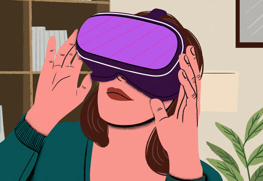 Adult woman interacts with a virtual reality headset in an indoor setting.