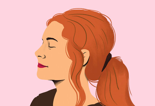 Side profile of a woman with red hair in a ponytail against a pink background.