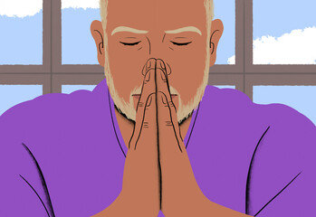 A person in a purple shirt with eyes closed and hands pressed together in a contemplative or meditative gesture.