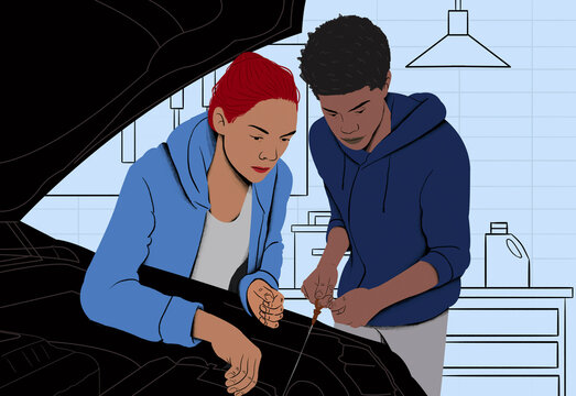 Two individuals are working together to repair an electronic device on a table with tools and a lamp overhead.