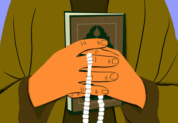 Close-up illustration of hands holding prayer beads with a book featuring an arch design in the background.
