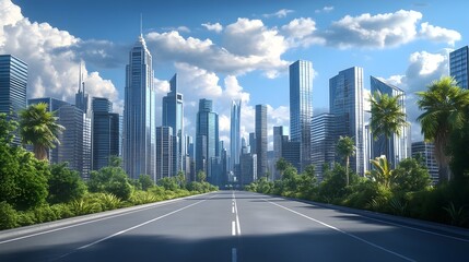 Striking Contemporary Urban Skyline with Towering Skyscrapers and Lush Greenery
