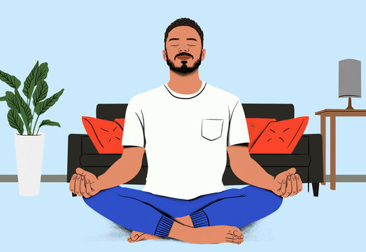 Man meditating peacefully on the floor with his legs crossed in a serene living room setting.