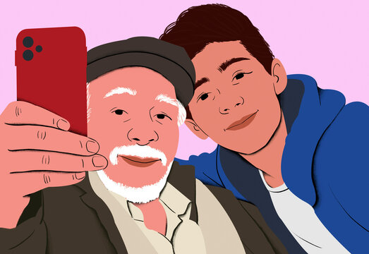 Elderly man with white beard and flat cap takes a selfie with a smiling young man in a blue hoodie using a red smartphone.