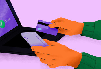 Hand holding a credit card and a smartphone with online payment interface on the screen against a purple background.