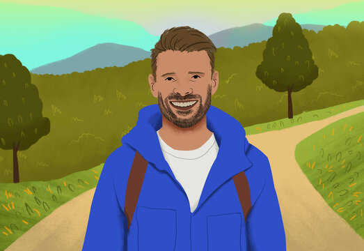 Smiling bearded man in a blue jacket enjoying a hike on a scenic trail with greenery and mountains in the background.