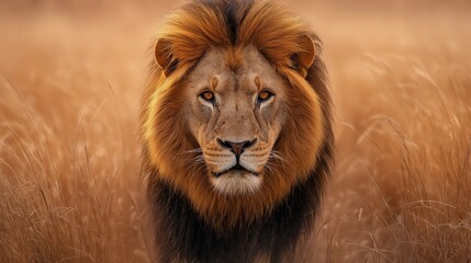 A majestic lion with a thick mane stands confidently in a golden grassland, exuding strength and dominance