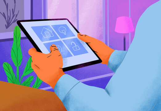 Close-up of hands using a tablet with smart home control interface against a cozy indoor background.