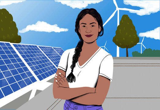 Woman with a braid standing confidently in front of solar panels and wind turbines under a blue sky.