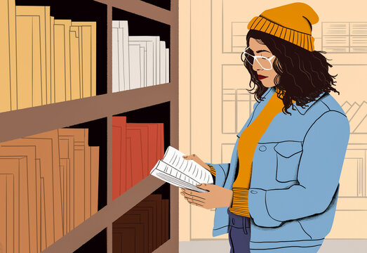 A stylish woman engrossed in reading a book at a bookstore, surrounded by shelves of literature, wearing a knit hat that suggests a comfortable, casual day