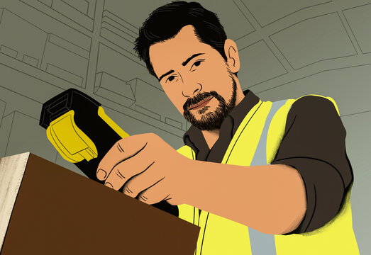 Illustrated construction worker in a yellow vest using a tape measure onsite.