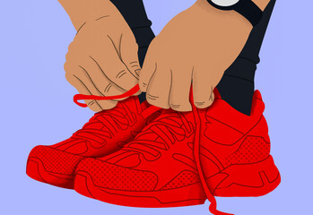 Close-up of hands tying the red laces on a vibrant pair of red sneakers against a purple background.