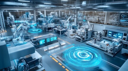 Fototapeta premium A futuristic industrial facility with advanced robotics and holographic displays for automation and manufacturing processes.