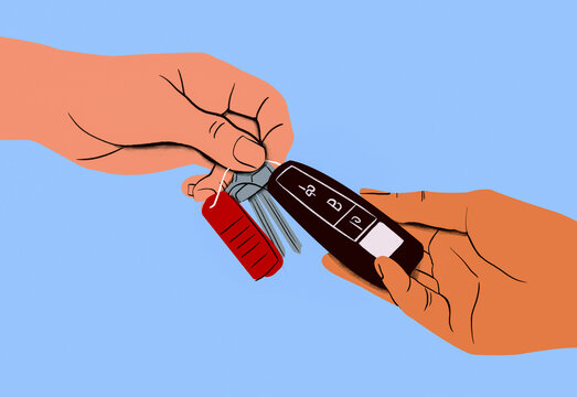 Hand passing car keys with a remote and red keychain to another person?s open hand against a blue background.